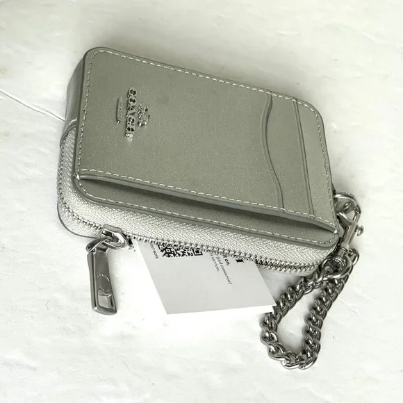 Coach Zip Card Case CW890 ID Wallet Silver Smooth Leather Chain